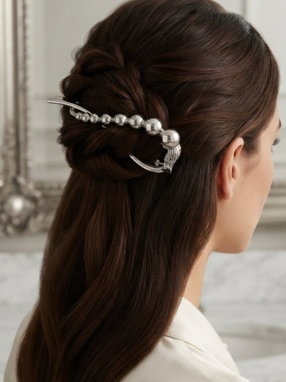 Silver Sphere & Filigree Statement Hair Pin – Modern Metal Hair Clip